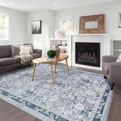 Lizzie Botanical Washable Rug - Sky Blue