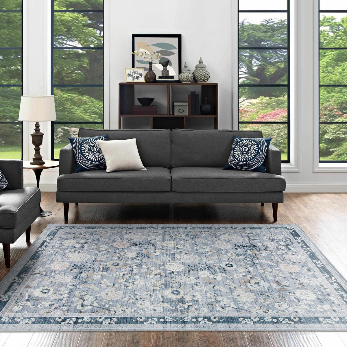 Lizzie Botanical Washable Rug - Sky Blue