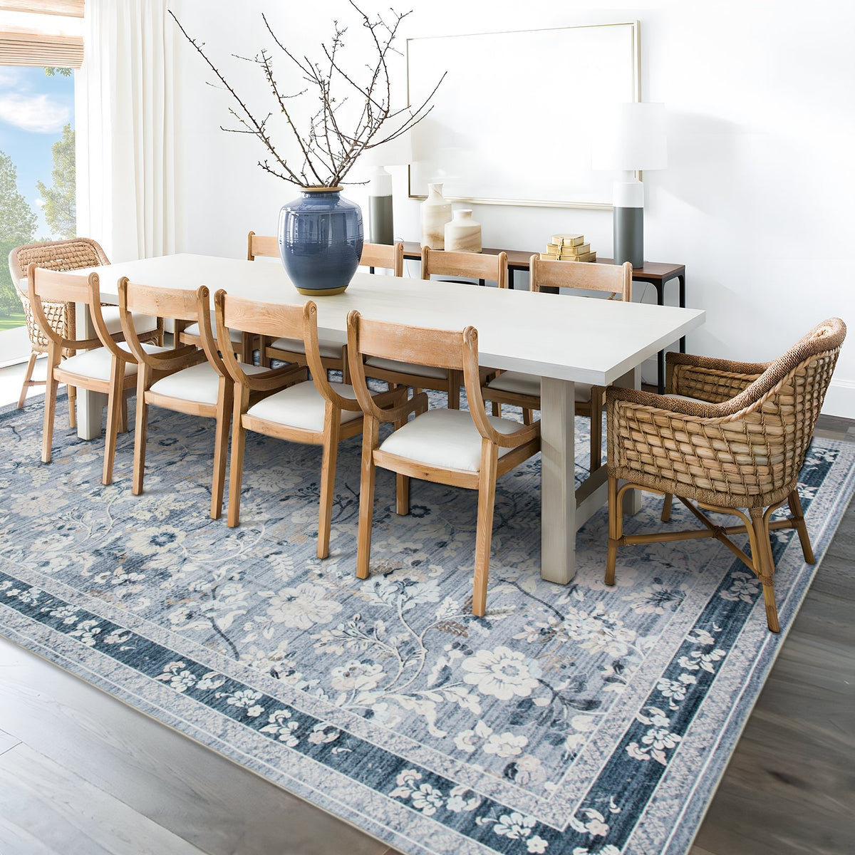 Lizzie Botanical Washable Rug - Sky Blue