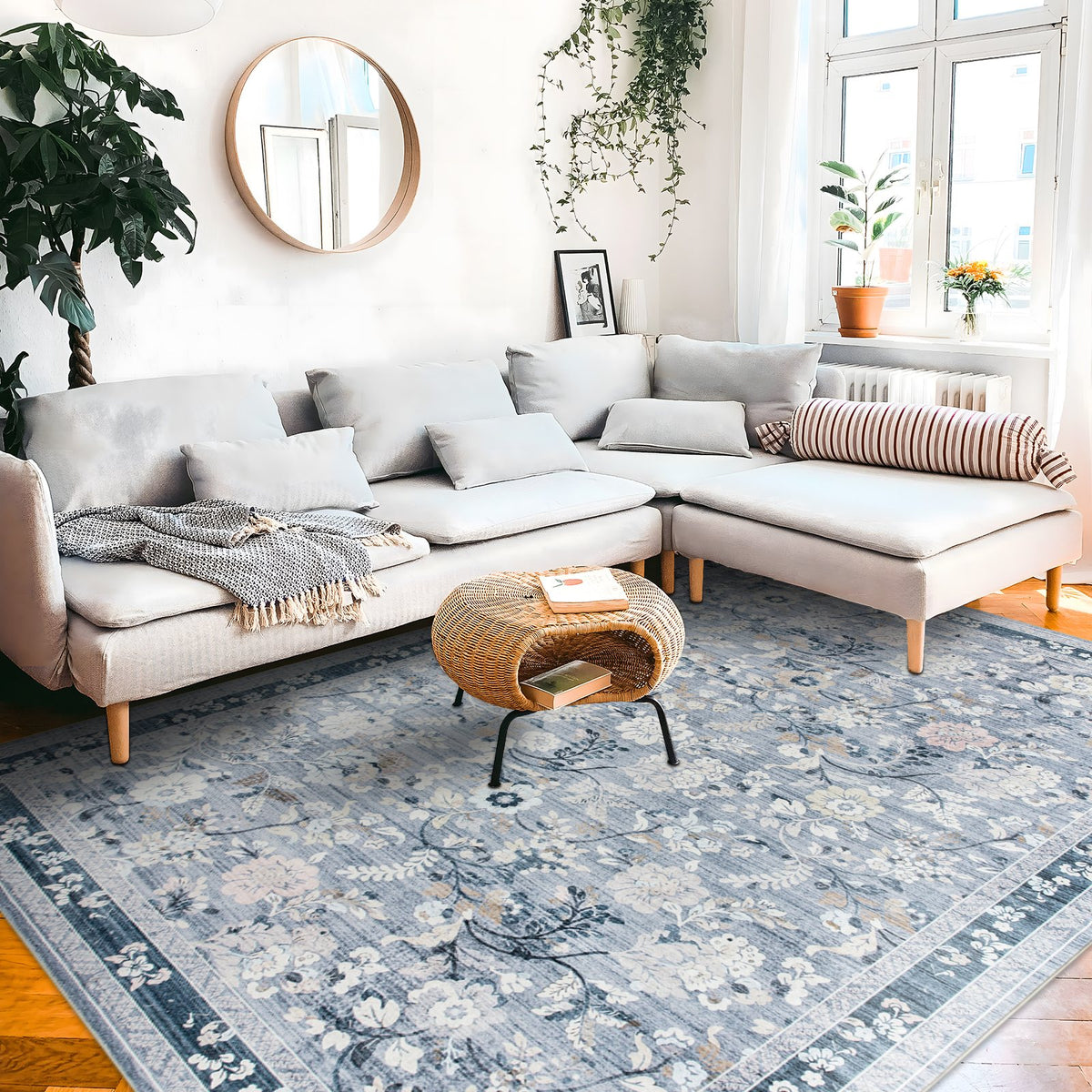 Lizzie Botanical Washable Rug - Sky Blue