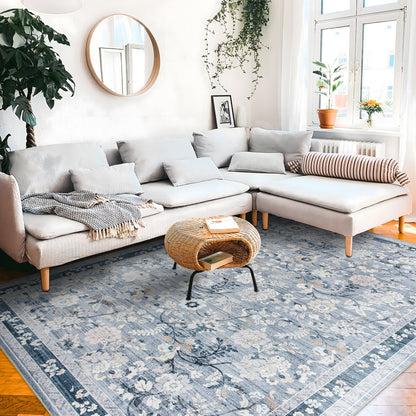 Lizzie Botanical Washable Rug - Sky Blue