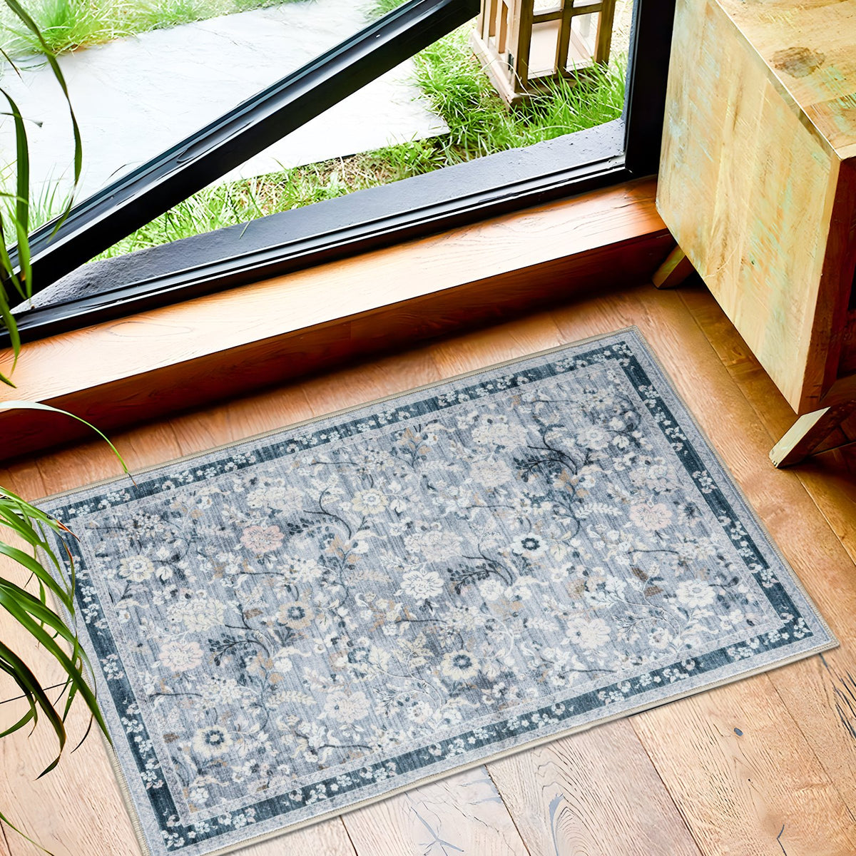 Lizzie Botanical Washable Rug - Sky Blue
