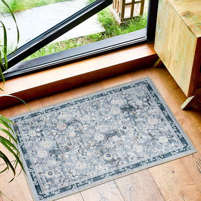 Lizzie Botanical Washable Rug - Sky Blue