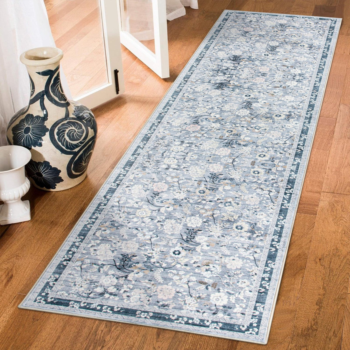 Lizzie Botanical Washable Rug - Sky Blue