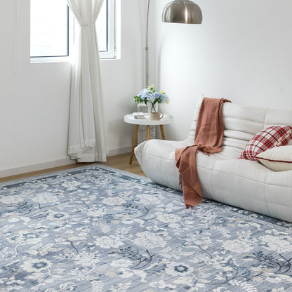 Lizzie Botanical Washable Rug - Sky Blue