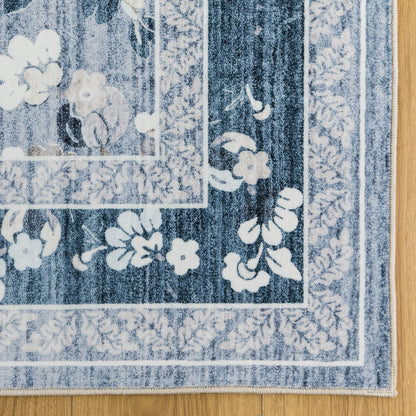 Lizzie Botanical Washable Rug - Sky Blue
