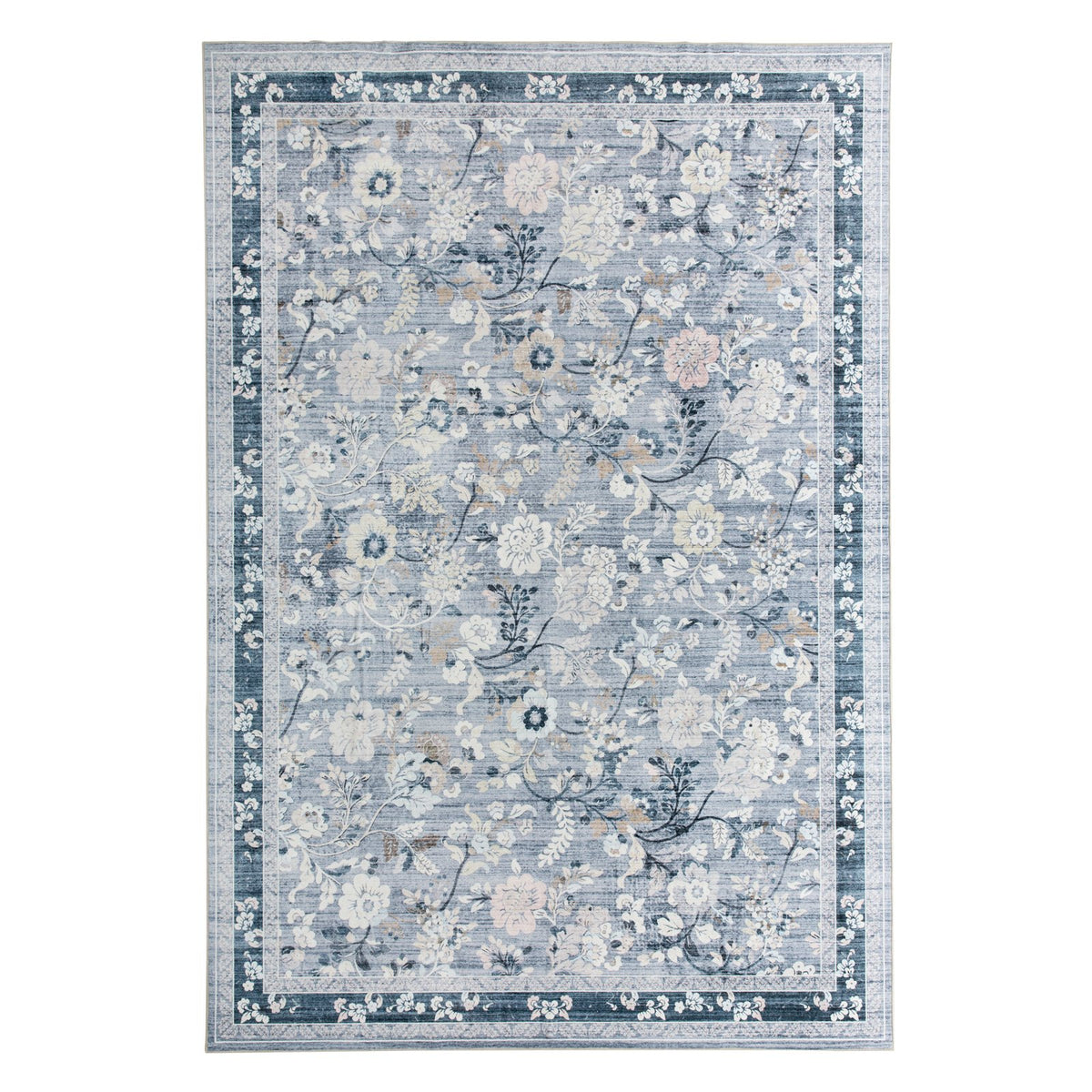 Lizzie Botanical Washable Rug - Sky Blue