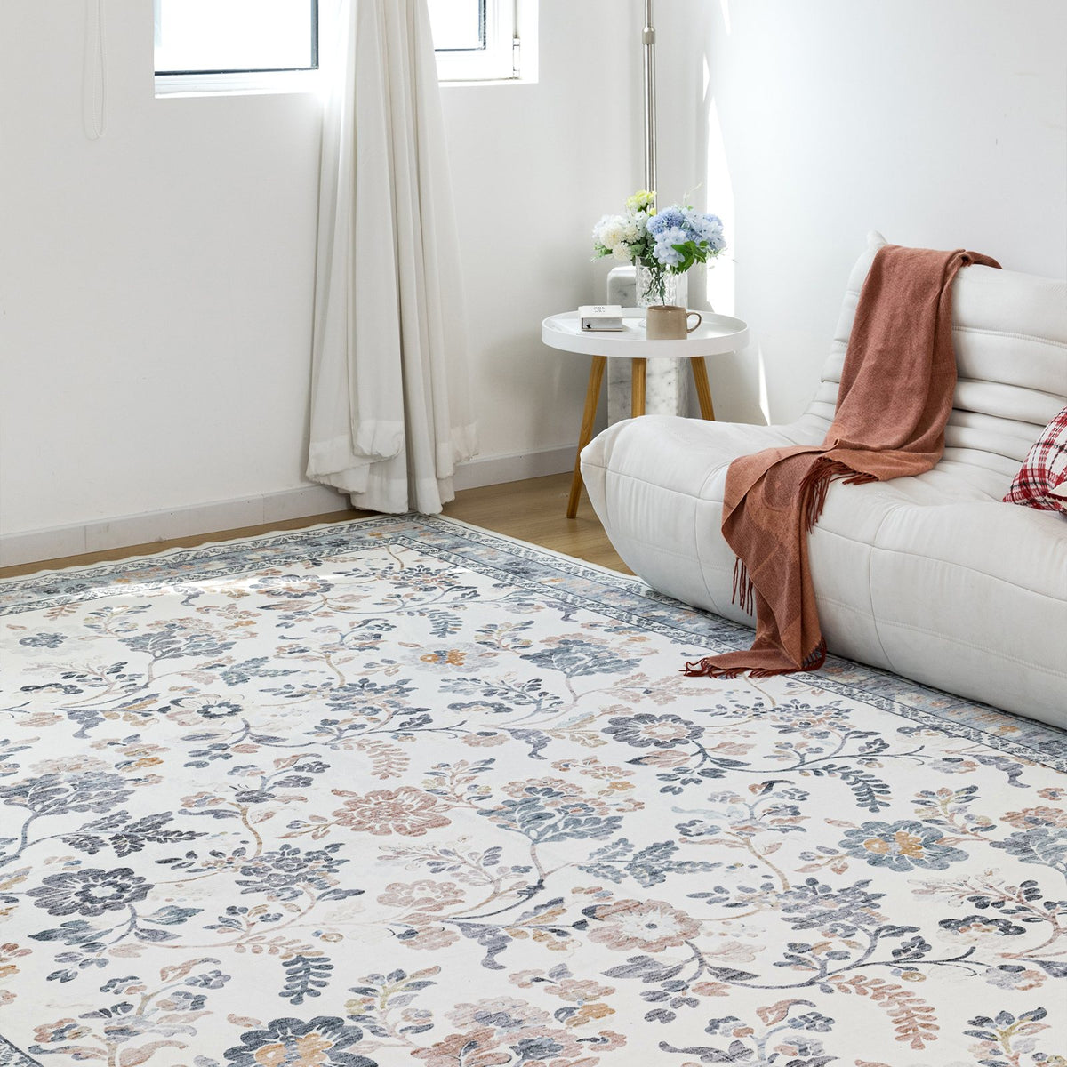 Lizzie Floral Washable Rug - Mint & Ivory