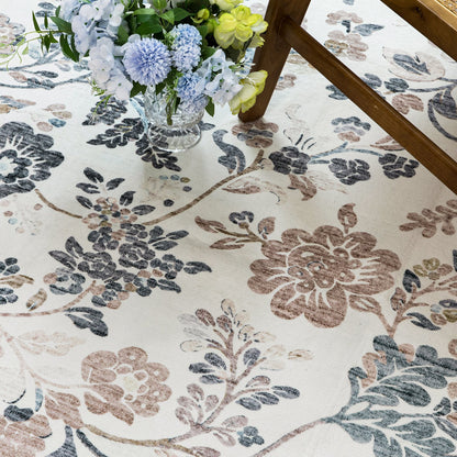 Lizzie Floral Washable Rug - Mint & Ivory