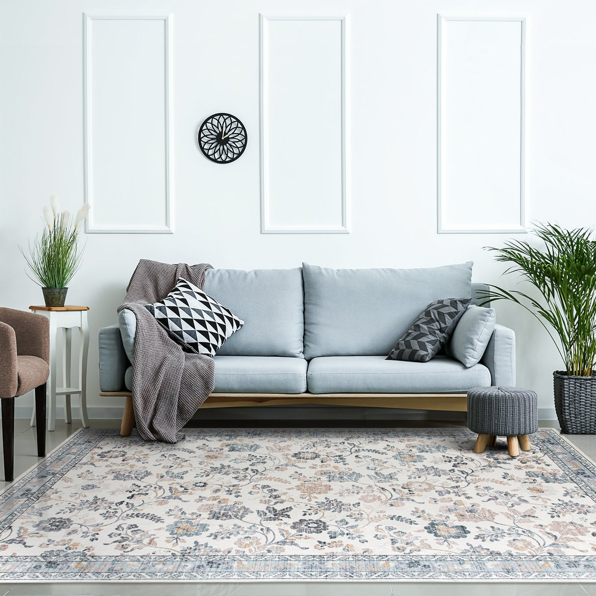 Lizzie Floral Washable Rug - Mint & Ivory