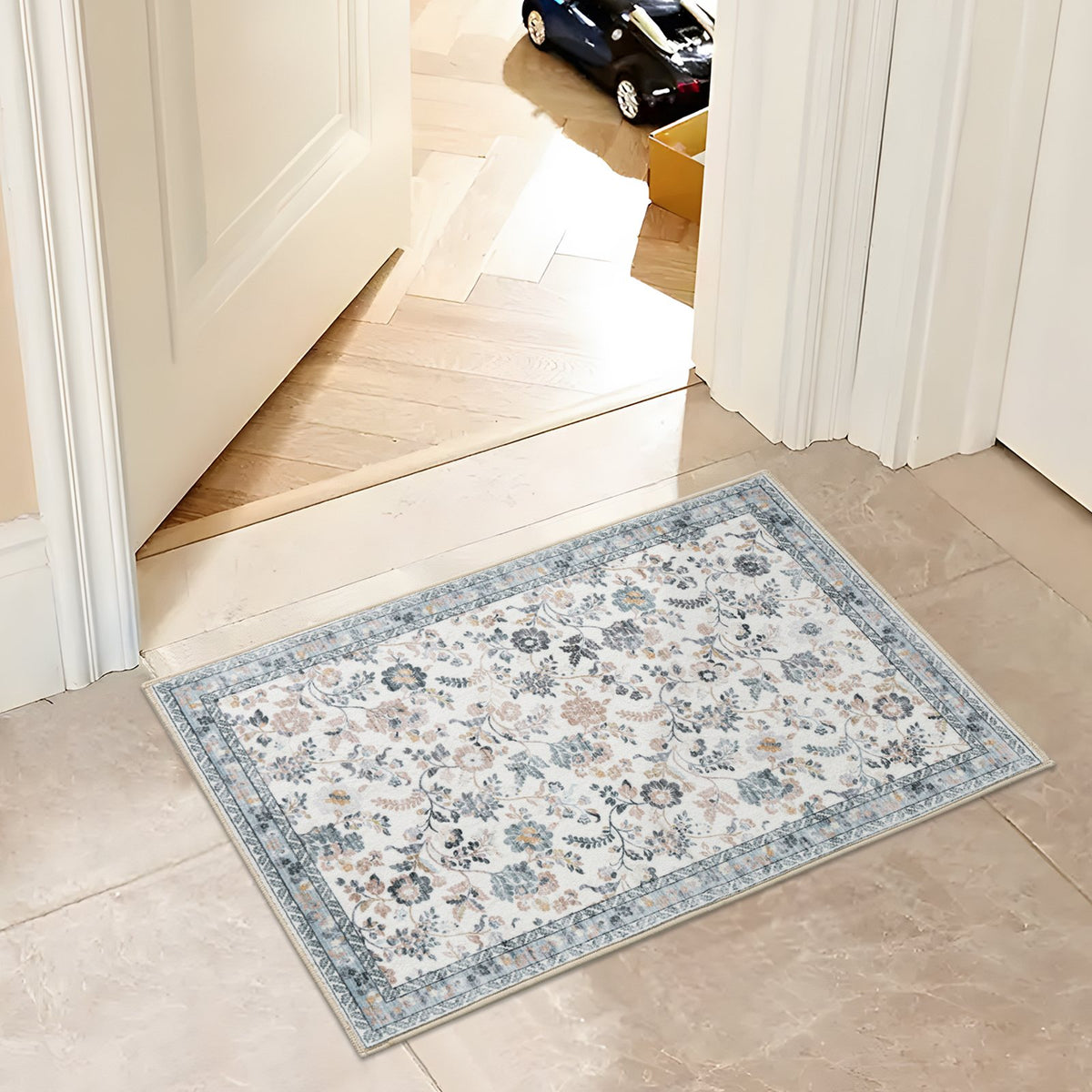 Lizzie Floral Washable Rug - Mint & Ivory