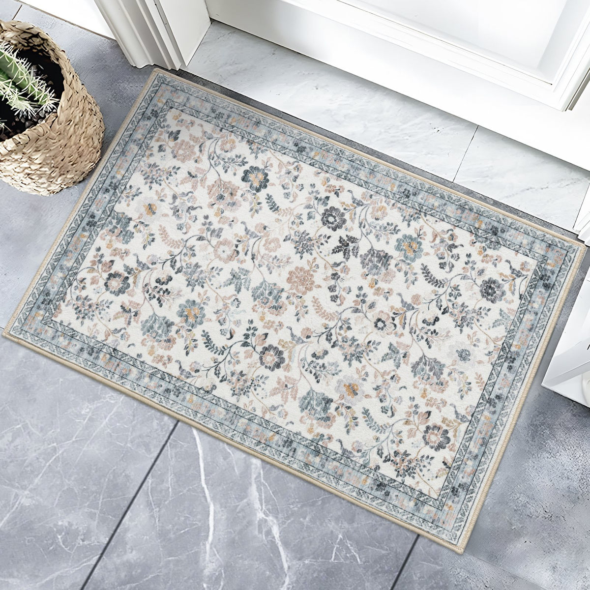 Lizzie Floral Washable Rug - Mint & Ivory