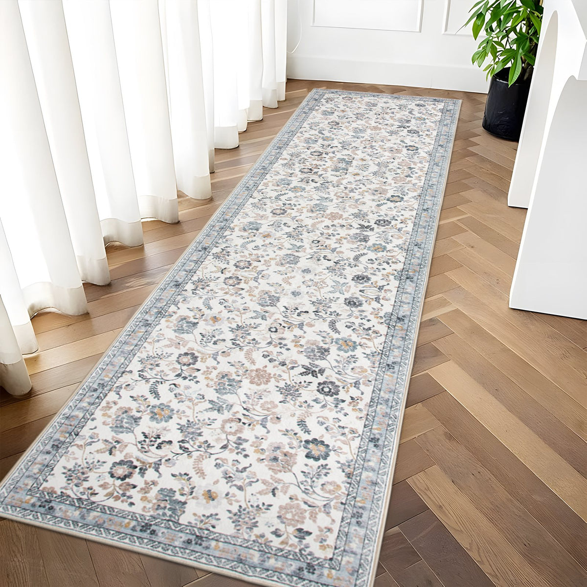 Lizzie Floral Washable Rug - Mint & Ivory