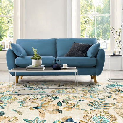 Lizzie Leaf Washable Rug - Teal & Beige