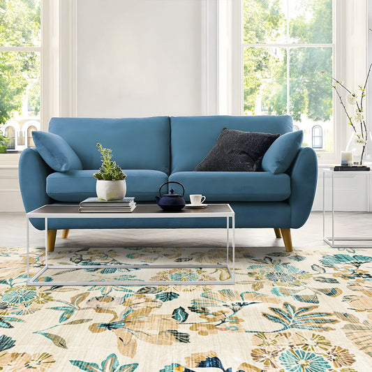 Lizzie Leaf Washable Rug - Teal & Beige