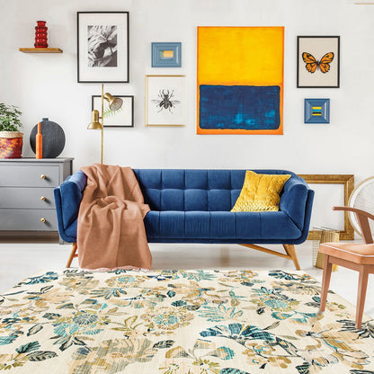 Lizzie Leaf Washable Rug - Teal & Beige