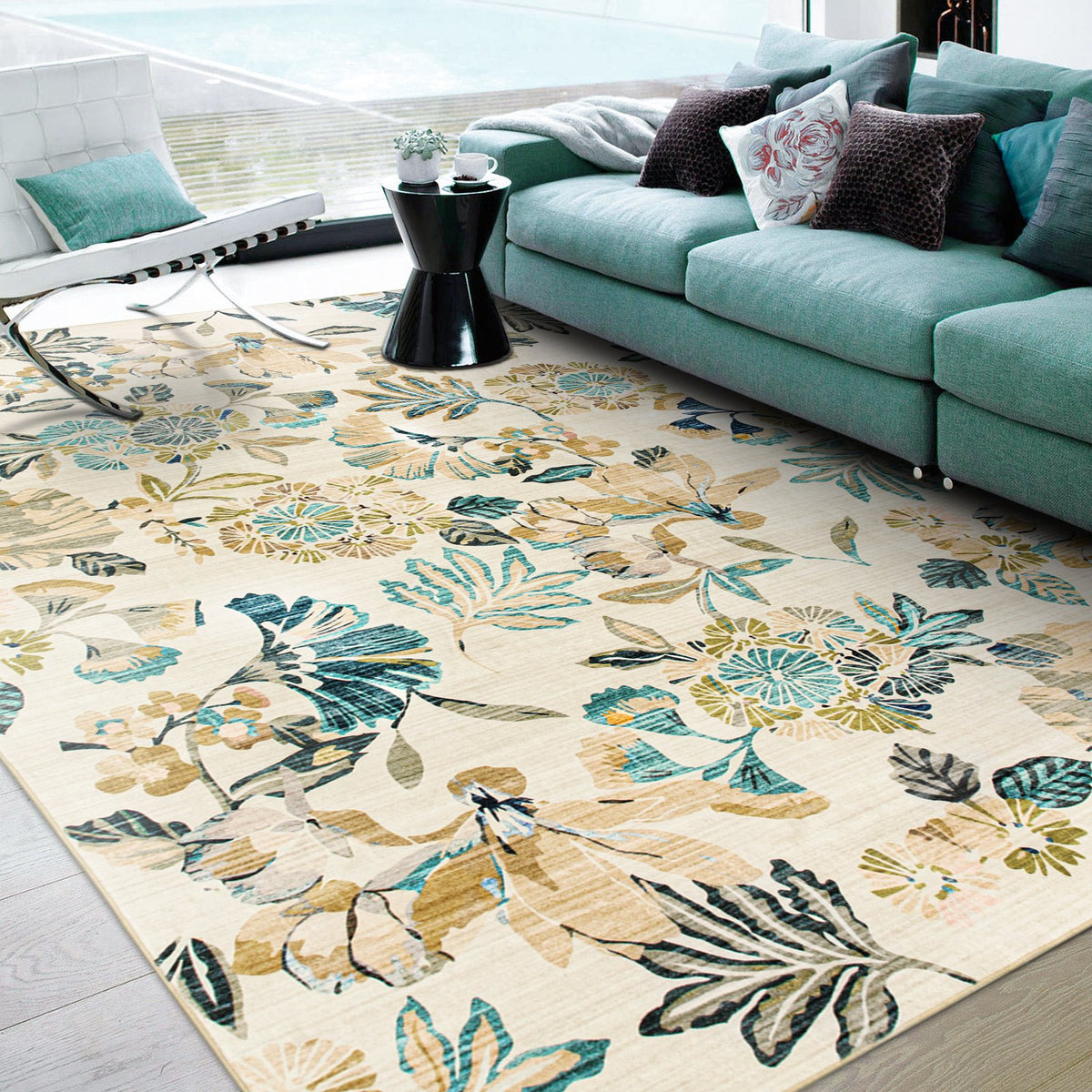 Lizzie Leaf Washable Rug - Teal & Beige