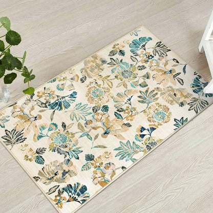 Lizzie Leaf Washable Rug - Teal & Beige