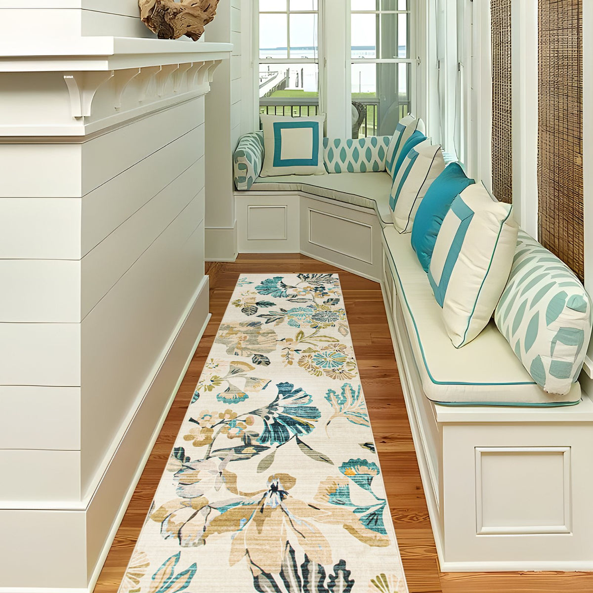 Lizzie Leaf Washable Rug - Teal & Beige