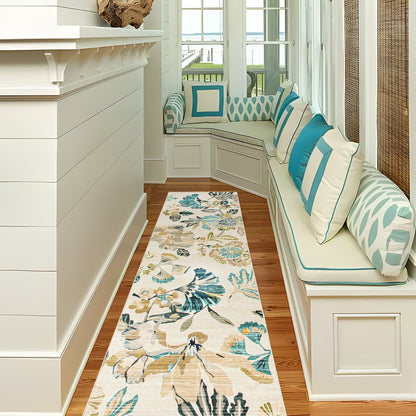 Lizzie Leaf Washable Rug - Teal & Beige