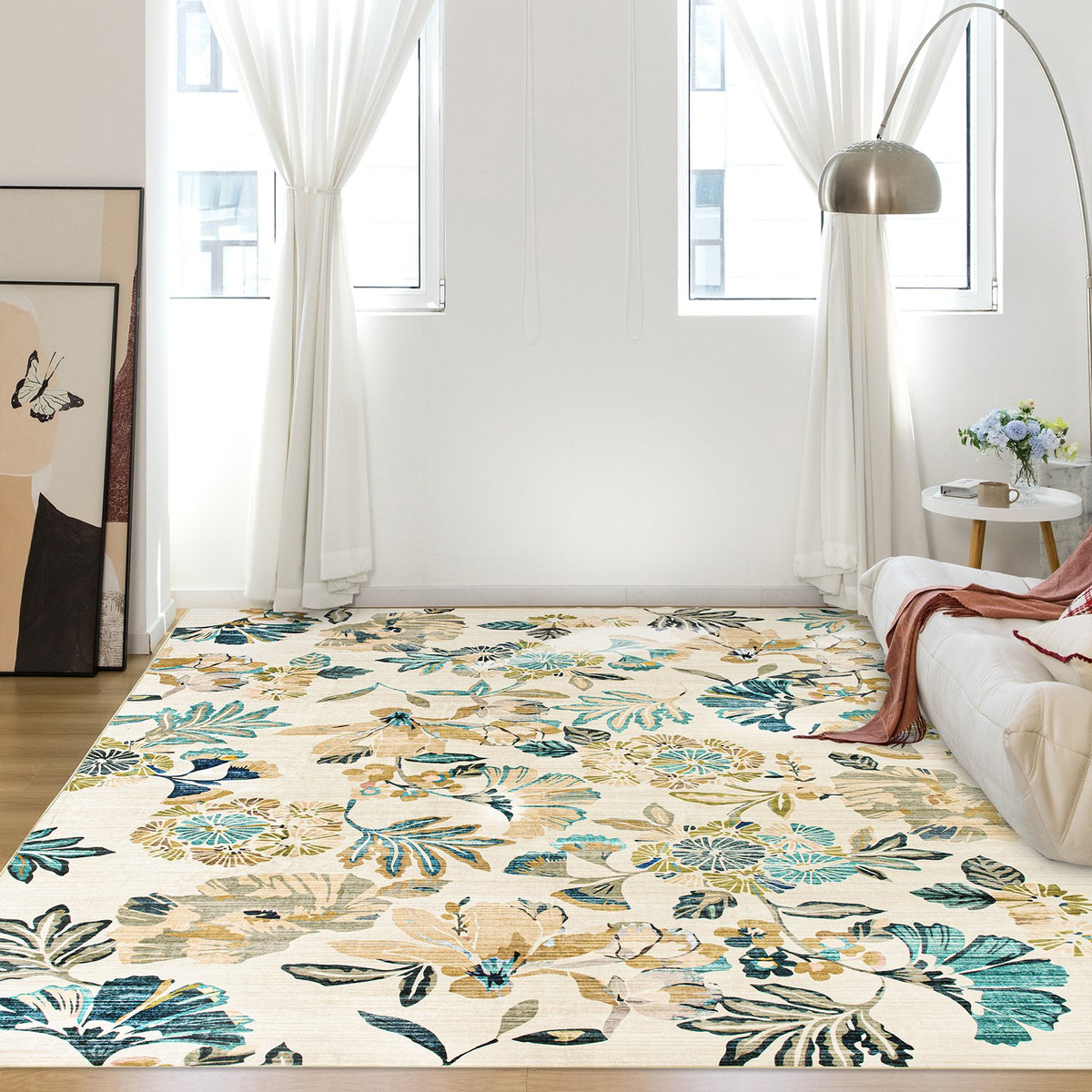 Lizzie Leaf Washable Rug - Teal & Beige