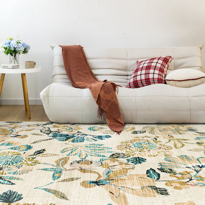 Lizzie Leaf Washable Rug - Teal & Beige
