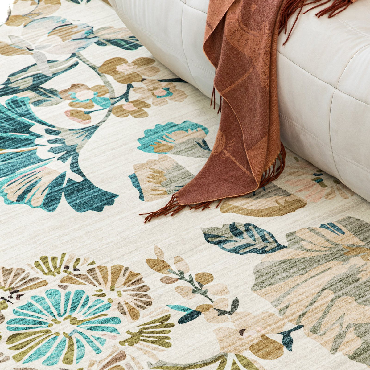 Lizzie Leaf Washable Rug - Teal & Beige