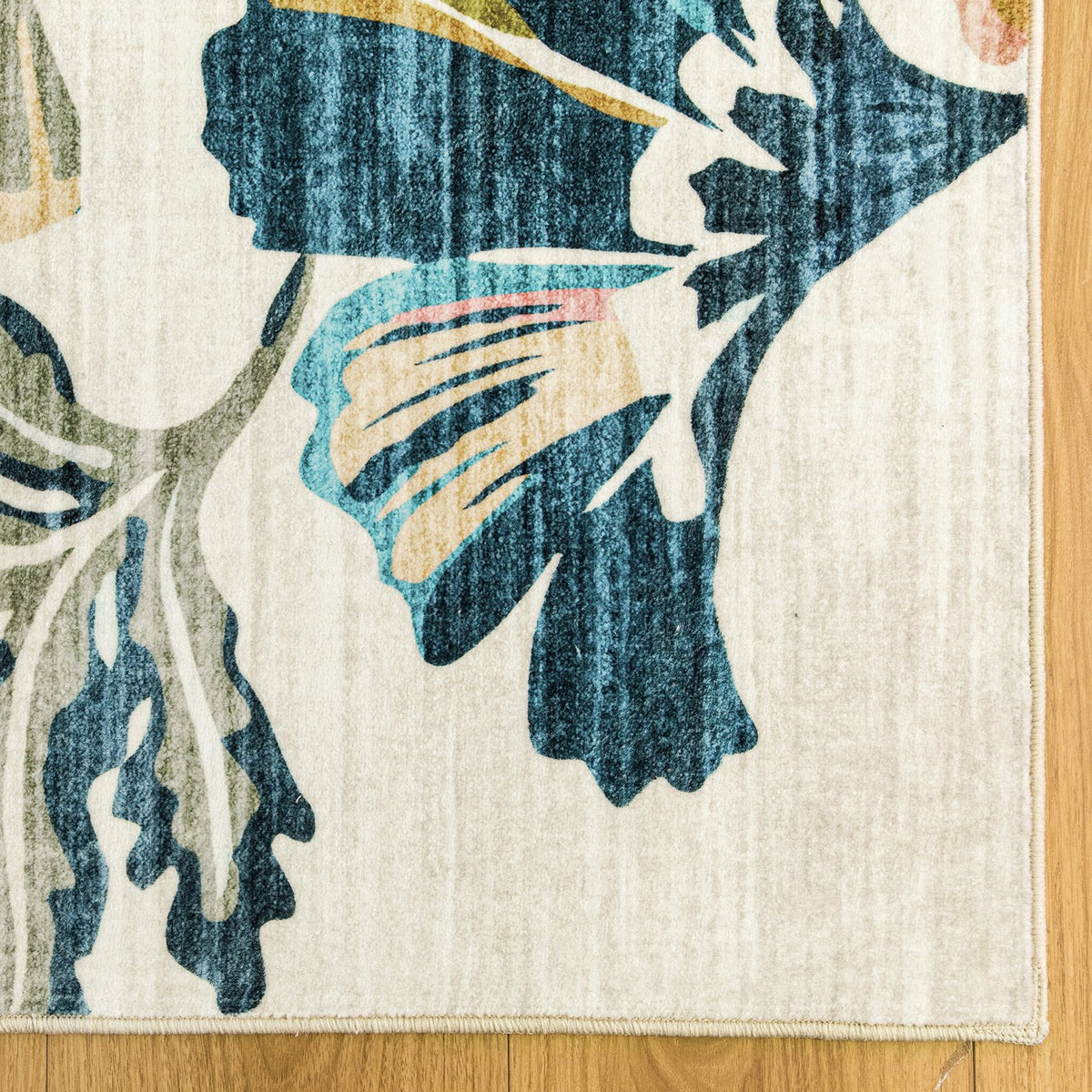 Lizzie Leaf Washable Rug - Teal & Beige