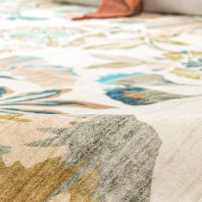 Lizzie Leaf Washable Rug - Teal & Beige
