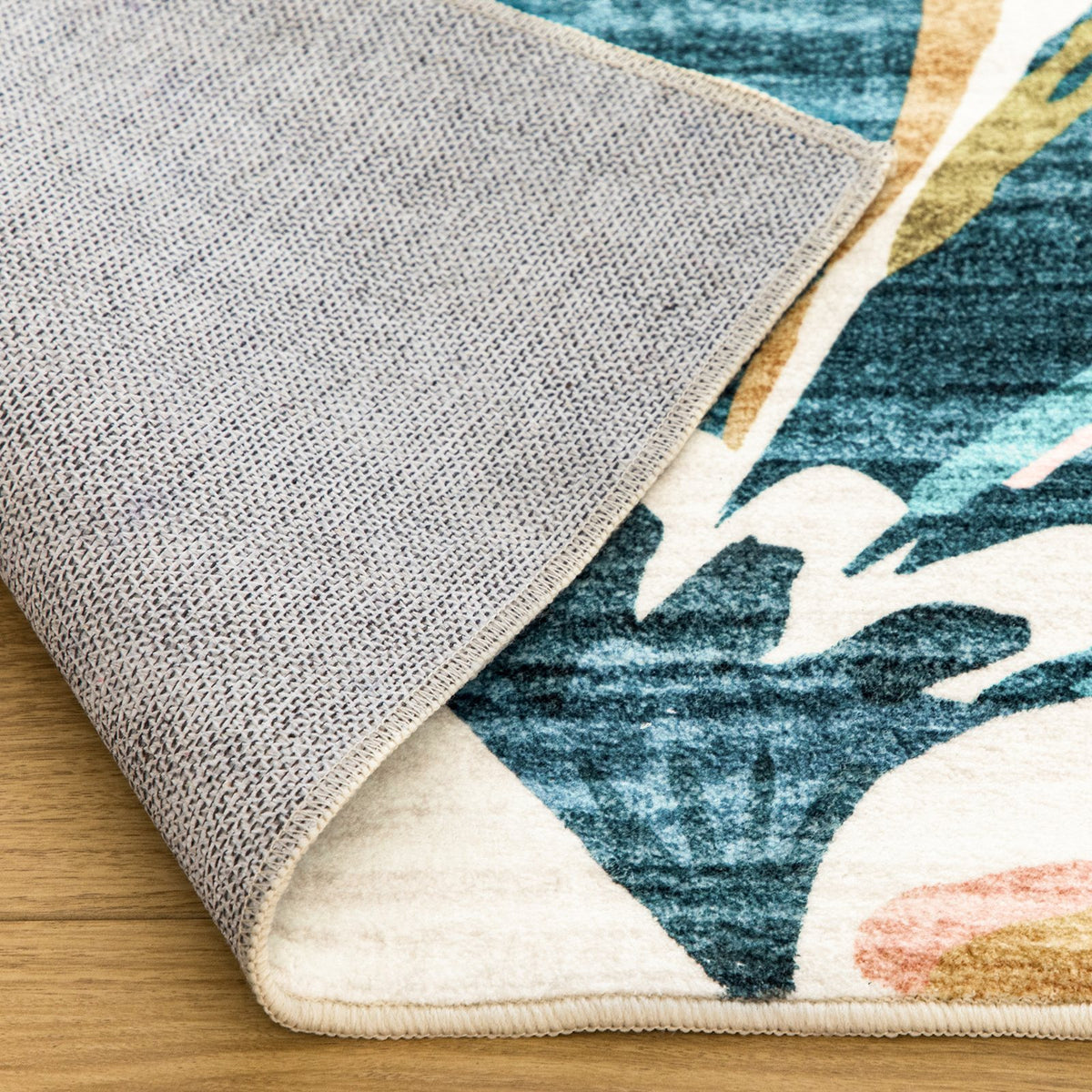 Lizzie Leaf Washable Rug - Teal & Beige