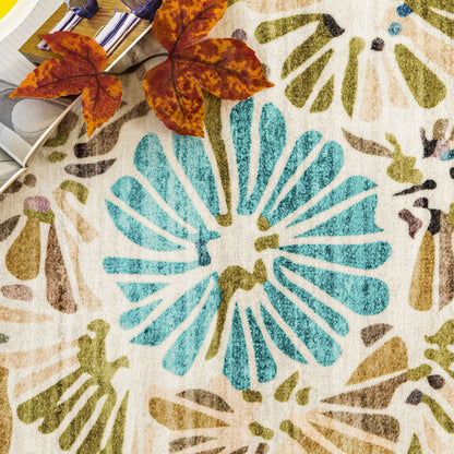 Lizzie Leaf Washable Rug - Teal & Beige