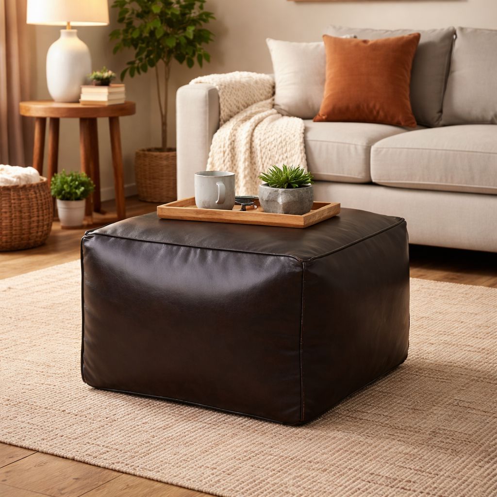 Mabel Chocolate Leather Square Ottoman 45cm