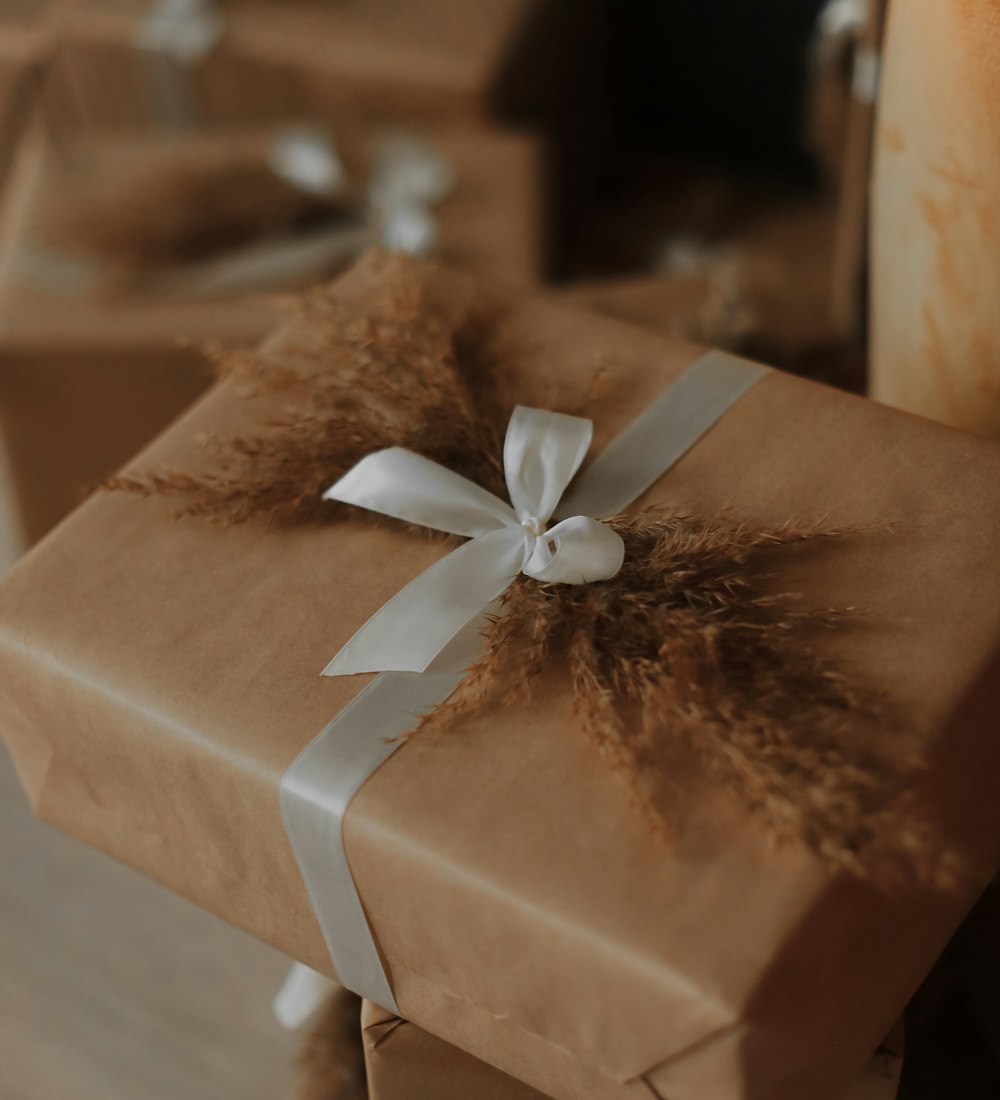 ew-cat Gifts wrapped in brown paper with white ribbons