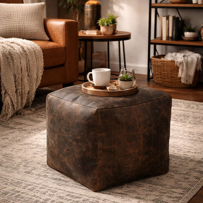 Rowan Chocolate Leather Square Ottoman 46cm