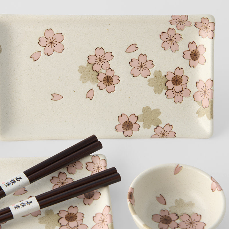 Sushi Set for Two with Chopsticks White With Pink Sakura Design - Image 2