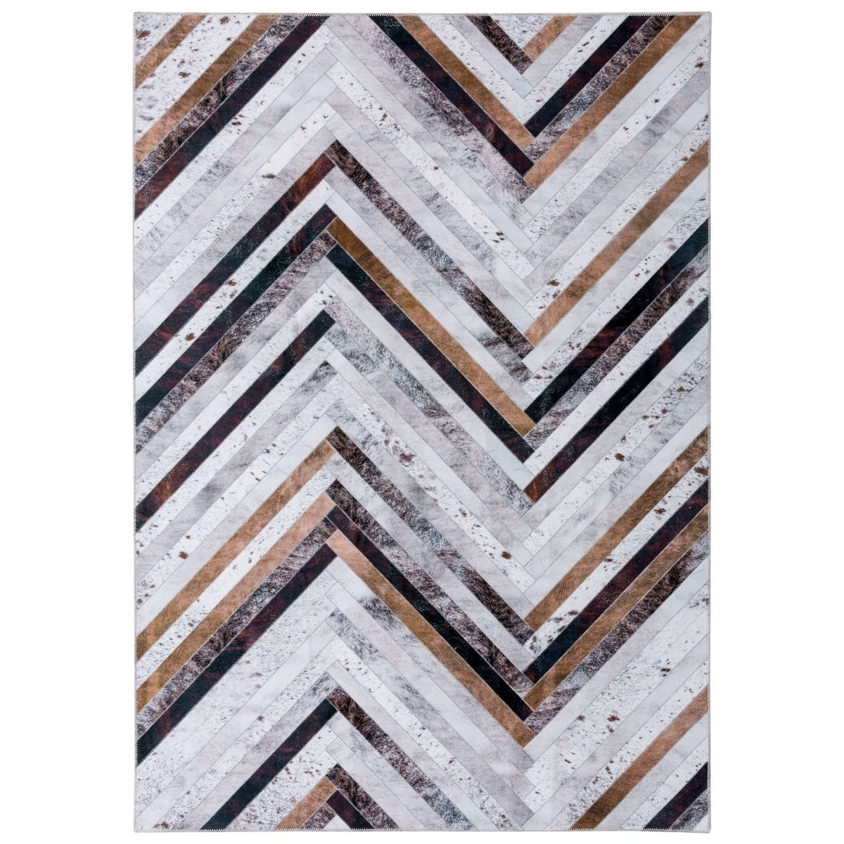 Senorita Zigzag Cowhide-Look Washable Rug - Brown, Grey & Ivory
