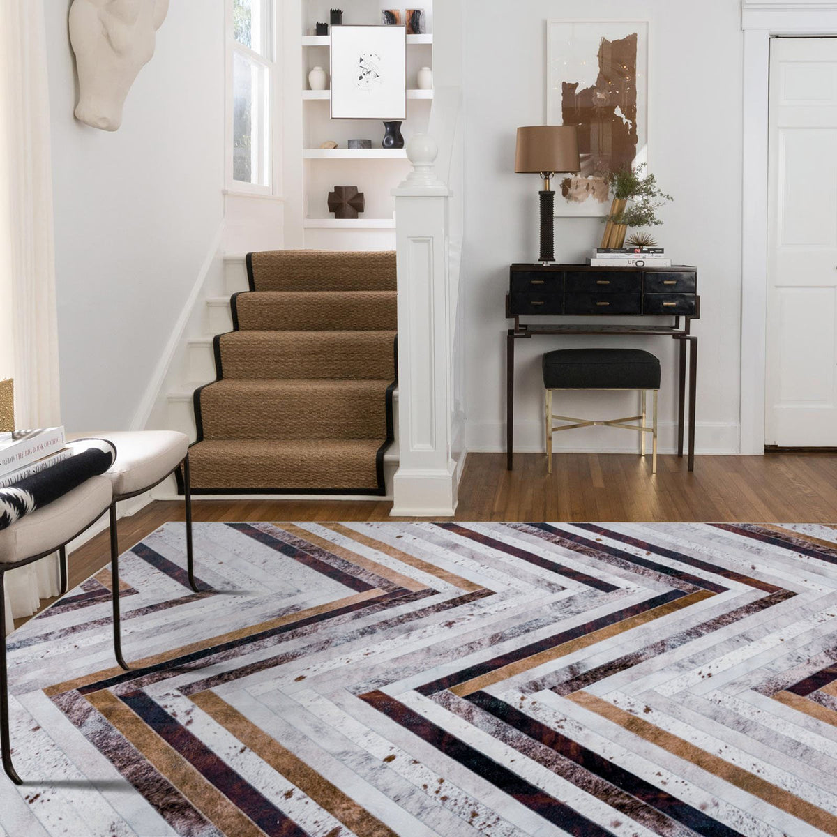 Senorita Zigzag Cowhide-Look Washable Rug - Brown, Grey & Ivory