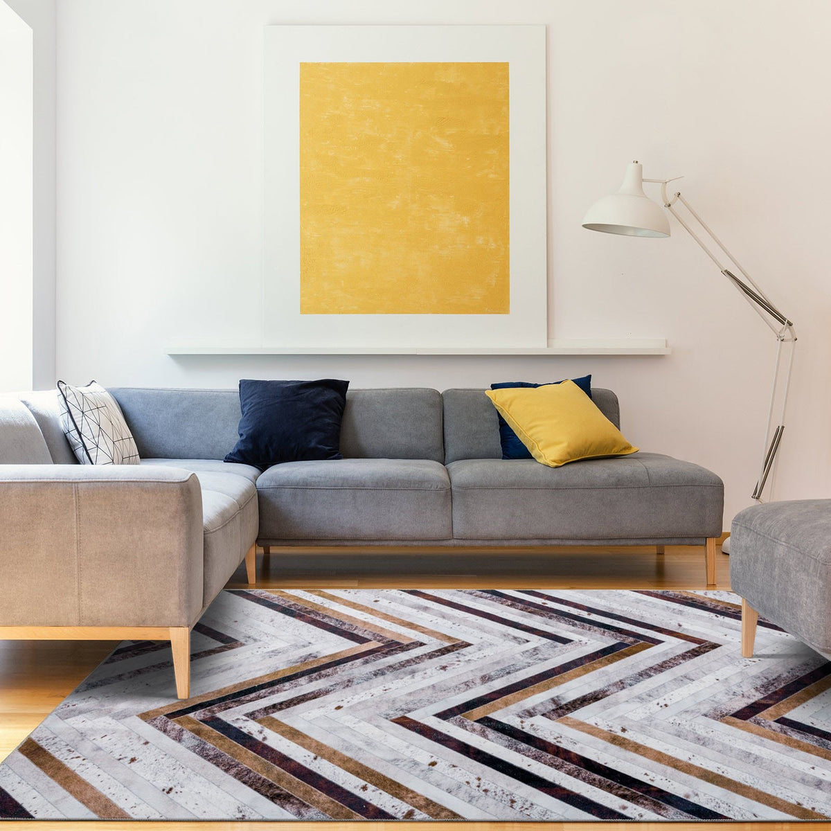 Senorita Zigzag Cowhide-Look Washable Rug - Brown, Grey & Ivory