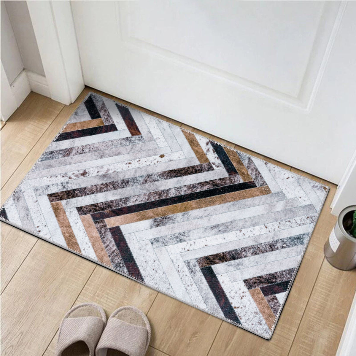 Senorita Zigzag Cowhide-Look Washable Rug - Brown, Grey & Ivory
