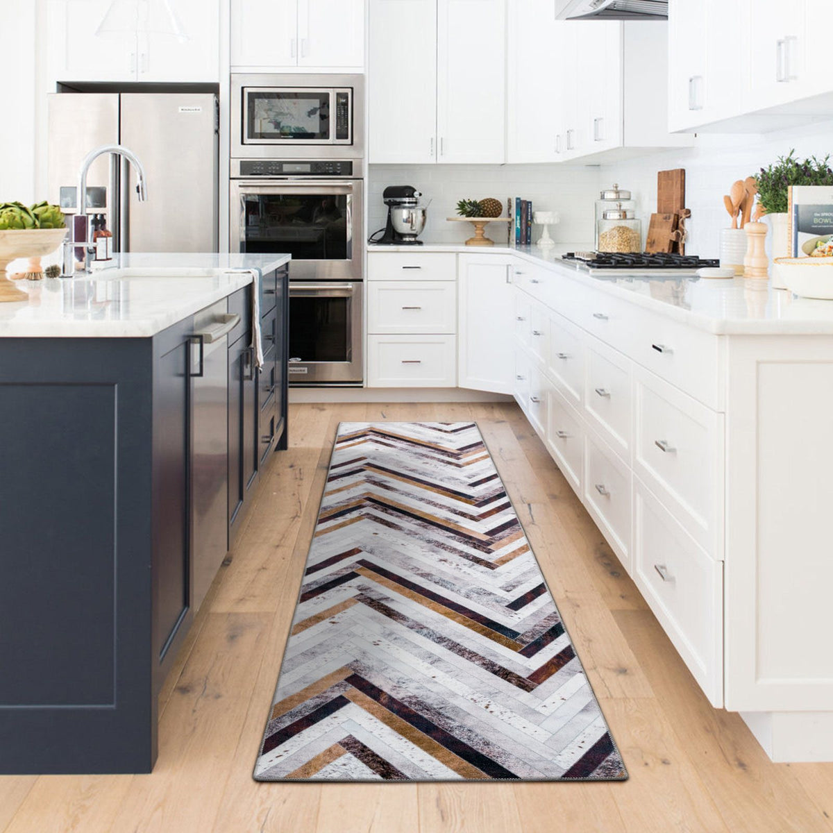 Senorita Zigzag Cowhide-Look Washable Rug - Brown, Grey & Ivory
