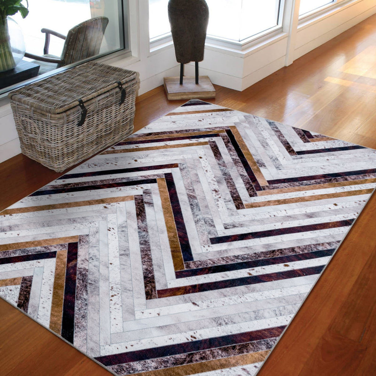 Senorita Zigzag Cowhide-Look Washable Rug - Brown, Grey & Ivory