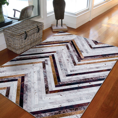 Senorita Zigzag Cowhide-Look Washable Rug - Brown, Grey & Ivory