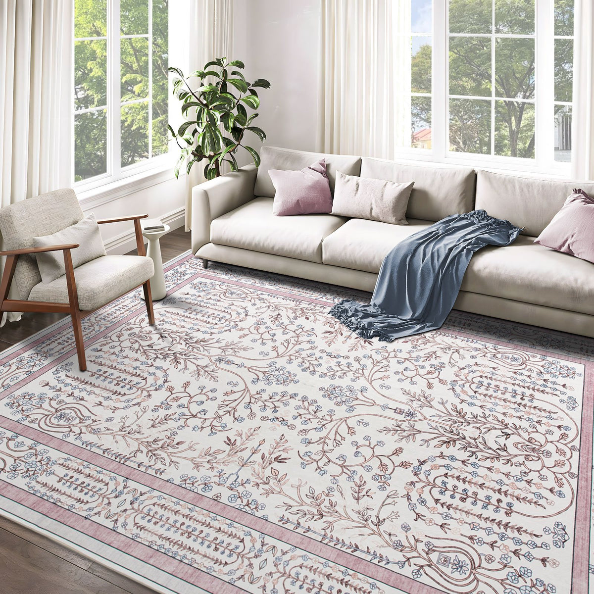 Sherry Vine Washable Rug - Dusty Rose & Ivory