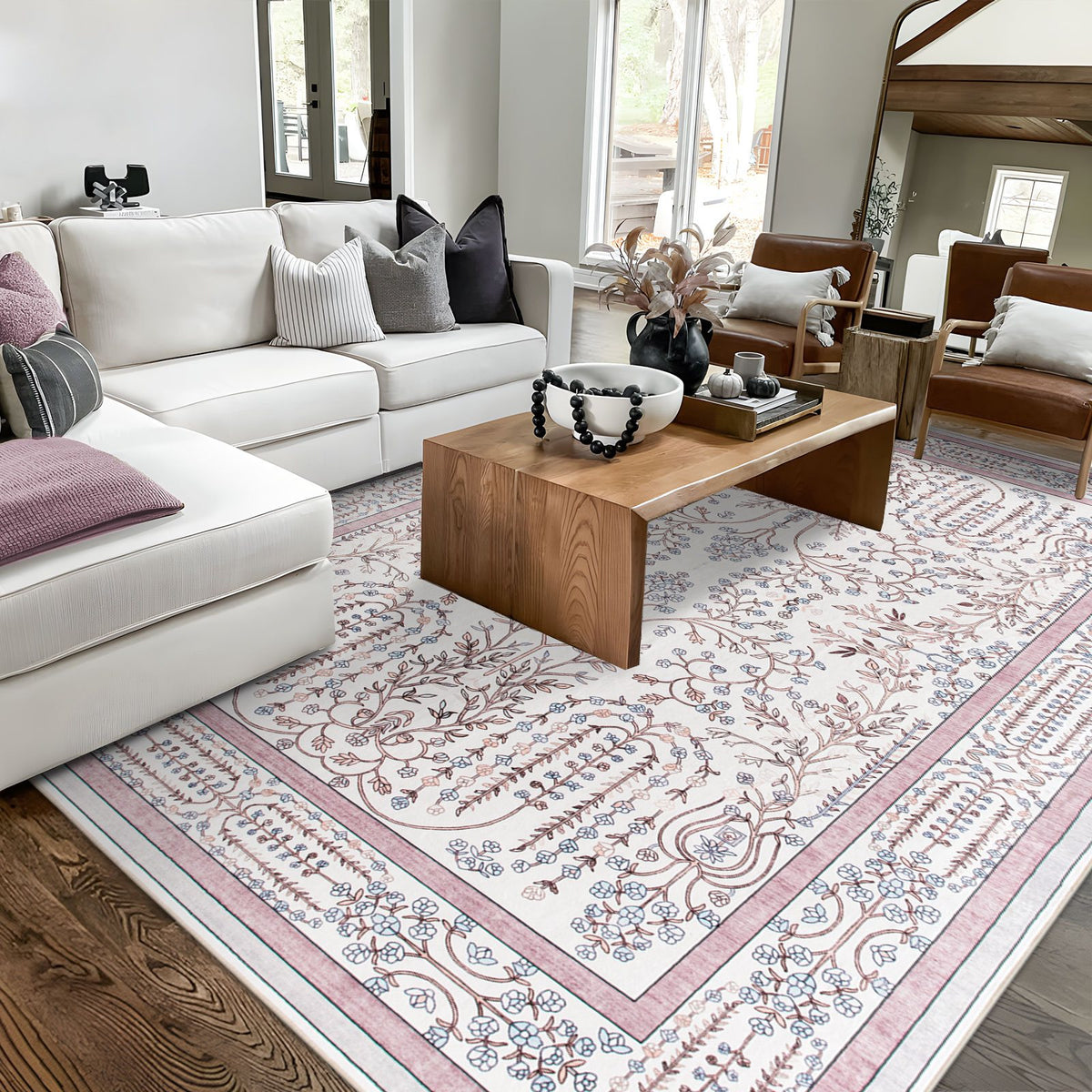 Sherry Vine Washable Rug - Dusty Rose & Ivory