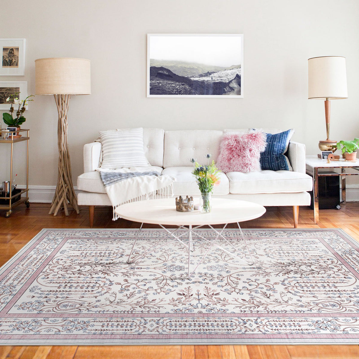 Sherry Vine Washable Rug - Dusty Rose & Ivory