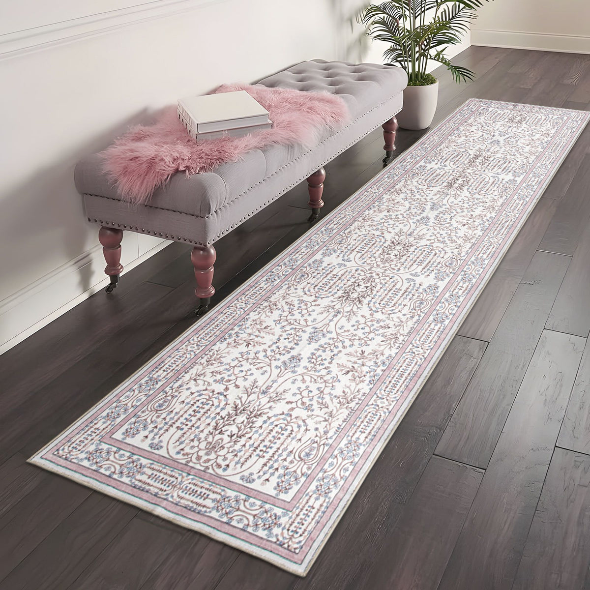 Sherry Vine Washable Rug - Dusty Rose & Ivory