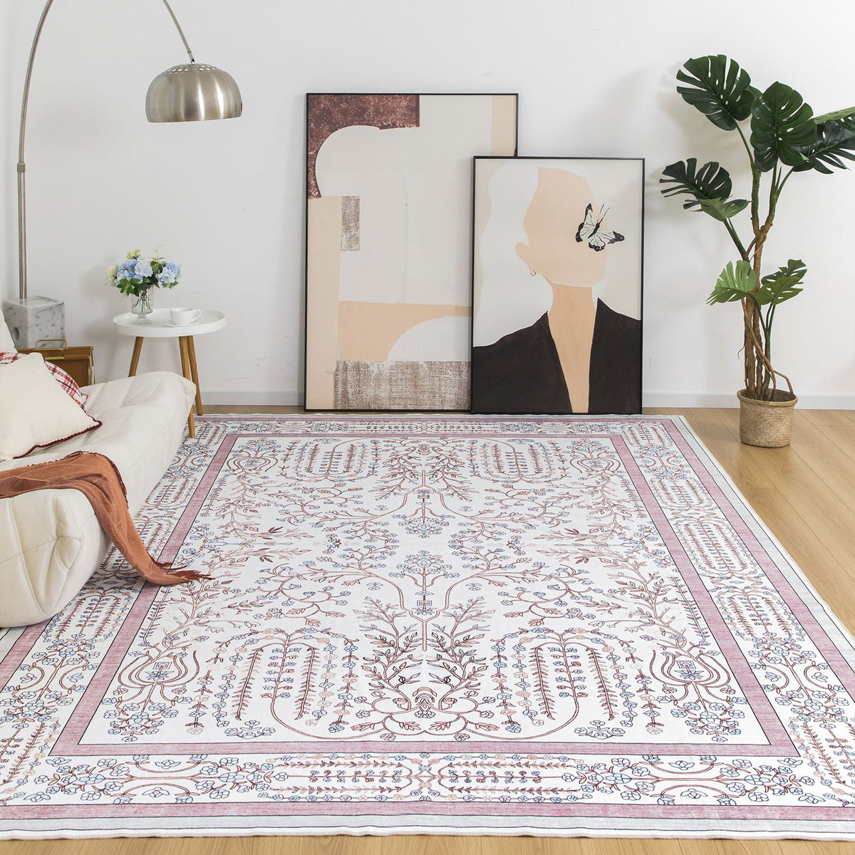 Sherry Vine Washable Rug - Dusty Rose & Ivory