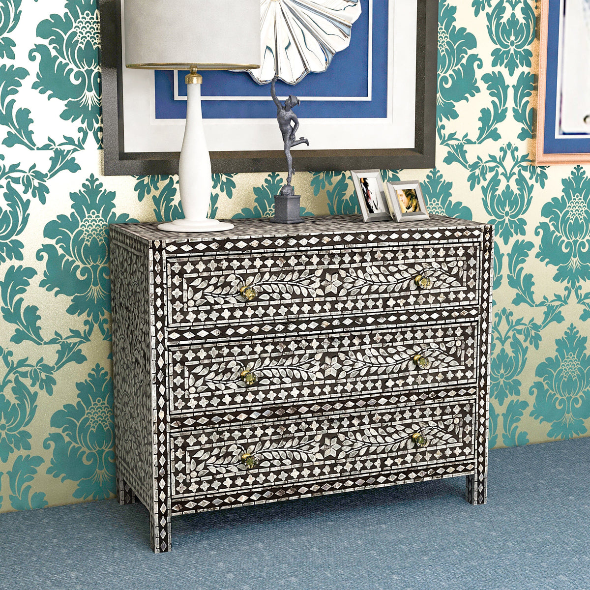 Vesper Monochrome Mother of Pearl Three Drawer Chest 92cm