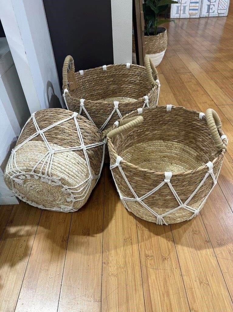 Set 3 Round Rattan w/ Macrame Basket 33x25cm - Image 2