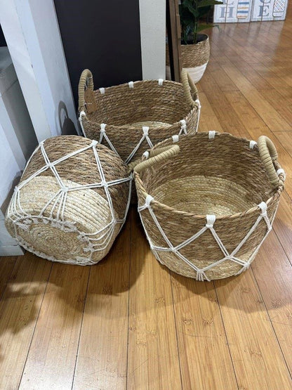 Set 3 Round Rattan w/ Macrame Basket 33x25cm - Image 2